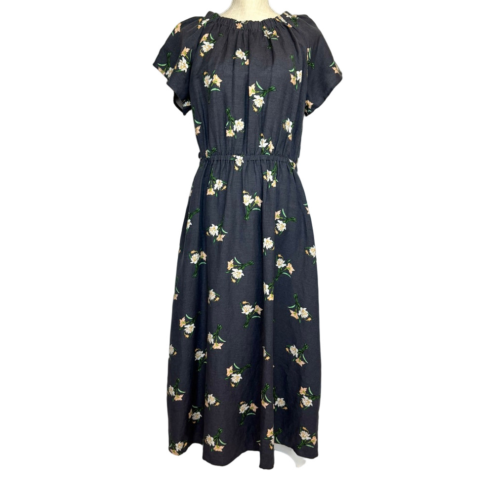 Loft Dress Midi Women's M Gray Floral Stretch Waist Neck Flutter Sleeves